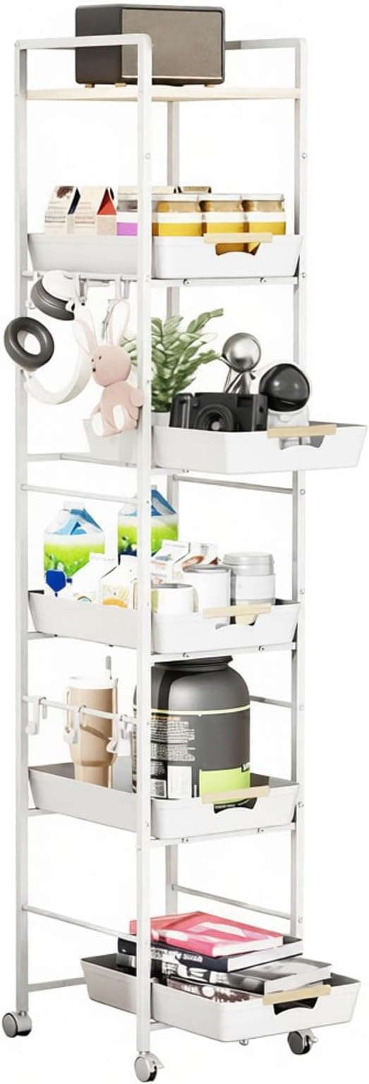 6-Tier Slim Rolling Storage Cart with Wheels, Metal Organizer Tall Rolling Cart, Wood Top Narrow Mobile Utility Cart with Pull-Out Baskets for Kitchen, Bathroom, Laundry Room, 13in(W) White by Unknown