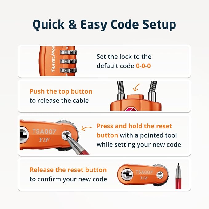 TSA Approved Luggage Locks, Travel Combination Cable Locks | TSA Accepted, Easy to Use, Durable, Flexible Steel Cable, Zinc Alloy Body, for Suitcases, Backpacks, Zippers, 10-Pack, Orange - Image 8