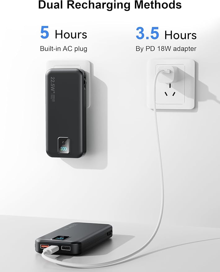 Portable Charger 12000mAh 22.5W w/Built-in Cable & Wall Plug Black | 22.5W fast charging, LED display, Charging 5 devices at once, Pass through charging, TSA approved, Compatible with iPhone - Image 8