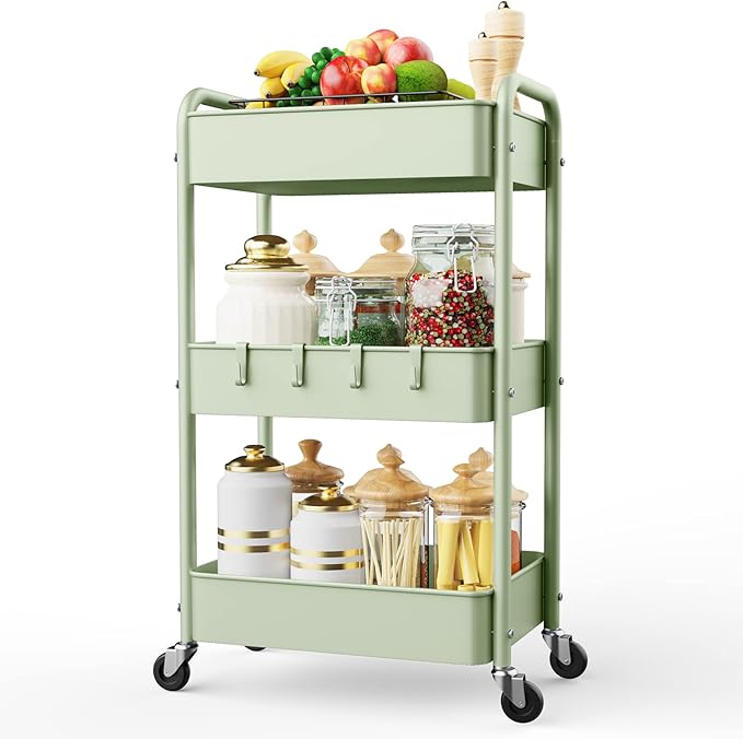 LEHOM 3 Tier Rolling Cart, Metal Rolling Utility Cart with Lockable Wheels | Multi-Functional Heavy Duty Storage Cart Organizer for Bathroom, Kitchen, Office, Living Room, Rolling Storage Trolley by LEHOM
