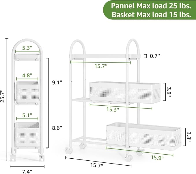 KINGRACK 3 Tier Slim Rolling Cart with Drawer, Metal Utility Storage Cart | 2 Pull-out Baskets, Lockable Wheels, Narrow Space Trolley Organizer for Bathroom, Kitchen, Office, Dorm, Laundry Room, White - Image 7