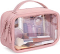 BAGSMART Double Layer Clear Makeup Bag, TSA-Approved Toiletry Bag, Large Opening with Handle, Cute Water-Resistant Travel Cosmetic Bag with Double Zipper for Car Essentials(Pink) by BAGSMART
