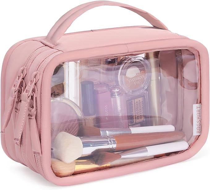 BAGSMART Double Layer Clear Makeup Bag, TSA-Approved Toiletry Bag, Large Opening with Handle, Cute Water-Resistant Travel Cosmetic Bag with Double Zipper for Car Essentials(Pink) by BAGSMART