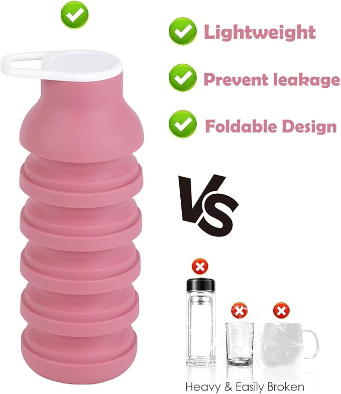 Collapsible Silicone Water Bottle - 20oz Foldable, Leakproof, BPA-Free - for Gym, Travel & Daily Use (Pink) - Image 3