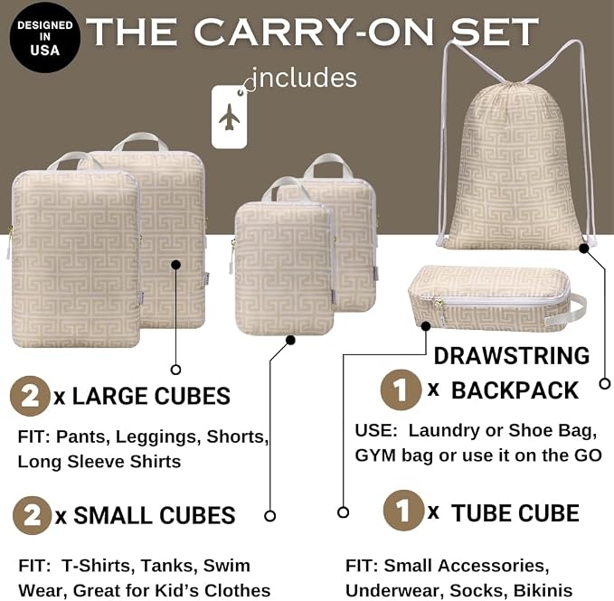 Compression Packing Cubes for Travel 6PC Set - Suitcase Organizer & Space Saver Bags for Carry On Luggage with Drawstring Backpack Beige Boho - Image 3