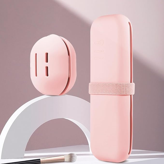 Silicone Makeup Brush Holder Travel Case No Odor Nylon Strap Closure | Water-Resistant Brush Organizer for Travel Makeup Brushes Storage (Pink) - Image 2