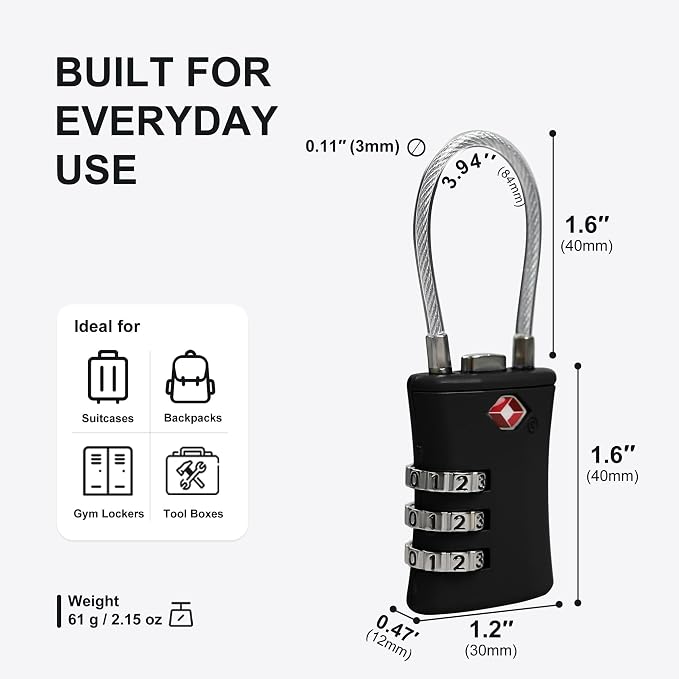 Suitcase Locks TSA Approved, Small Padlock Combination, TSA Locks for Luggage, Combo Travel Padlock with Code for Backpack, Gym Locker, Ammo Can, Gun Case, Bag Zipper, Box (Black) - Image 5