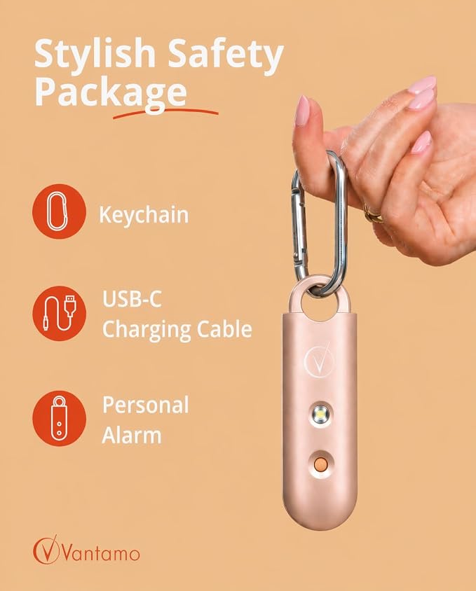 Vantamo Personal Alarm for Self Defense with Low Battery Notice, Strobe Light & Extra Loud 130 dB Double Speakers Safety Keychain Set for Women, Rechargeable Panic Button for Womens Self Defense - Image 4