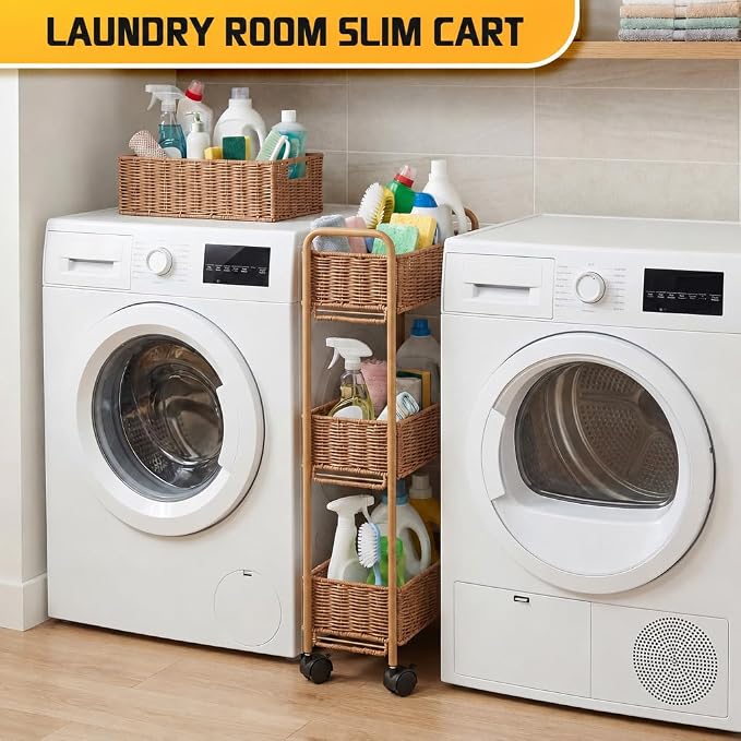 Utility Slim Storage Cart,3-Tier Rolling Kitchen Office Laundry Room Cart,Mobile Shelving Unit Organizer for Living Room Bathroom Baby Diaper Narrow Places (Natural, 3 Tiers-7.1 inch (W)) - Image 6
