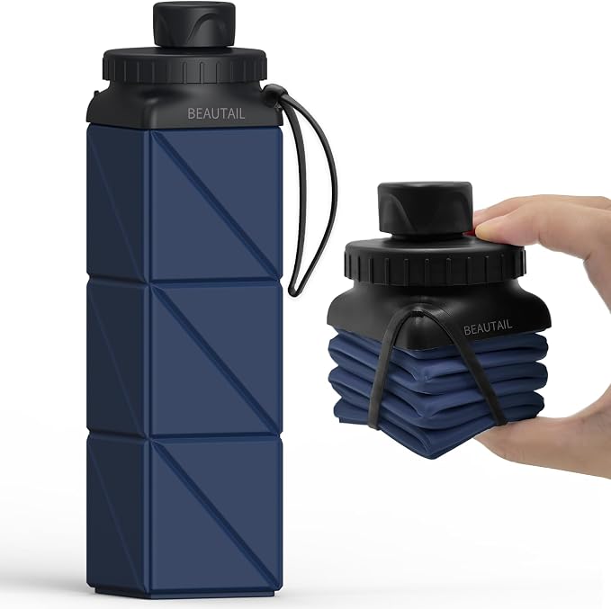BEAUTAIL Collapsible Water Bottles 21 oz, Silicone Portable Water Bottle | BPA Free, Leakproof & Reusable, Foldable Water Bottle for Travel, Hiking, Camping, Cycling, School, Gym, 1-Pack, DarkBlue by BEAUTAIL