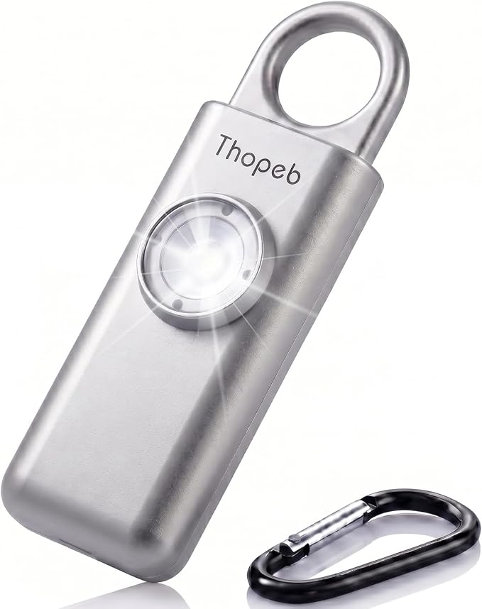 Personal Safety Alarm for Women – Superior Loud Siren & SOS Strobe | Premium Compact & Well-crafted Self Defense Keychain Alarm, College Dorm Essential, Variety of Colors (Metallic Silver) by Thoepb