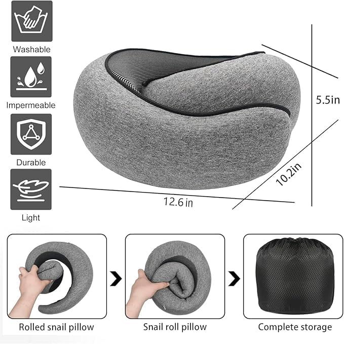 SZXYX Travel Pillows - 100% Pure Memory Foam Neck Pillow for Airplanes, Comfortable Breathable Cover, 360° Support Stowable Pillows for Sleeping, Car, Airport Travel Essentials, Charcoal Grey - Image 2