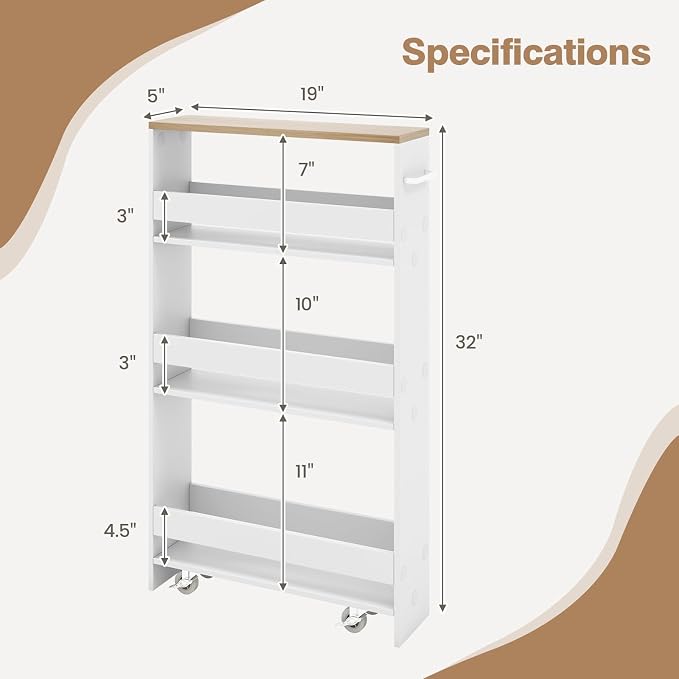 5”W Wooden Slim Rolling Storage Cart, 4 Tier Rolling Spice Rack with Handle, Cabinet Between Washer & Dryer, Slide Out Narrow Kitchen Cart for Kitchen Laundry Narrow Places - Image 4