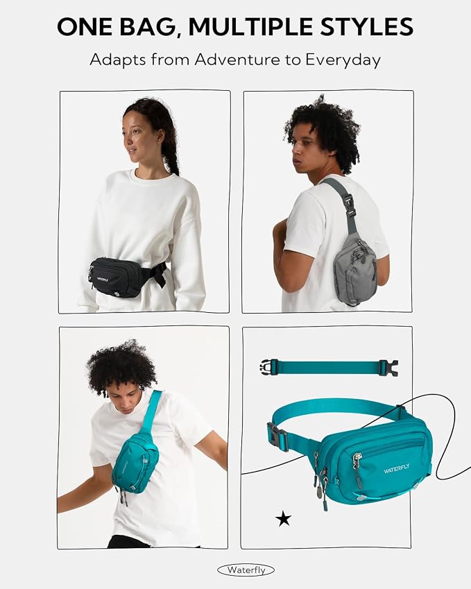 WATERFLY Small RFID Fanny Pack: 1.5L Waist Bag 12" Extender Belt for Hiking | Anti-Theft, Slim Lightweight Water-Resistant Fabric, Reflective Strip, Breathable Padding, Running Travel Walking, Women Men - Image 7