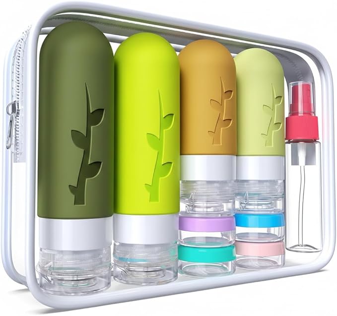 DEPOZA Travel Bottles Kit (16 Pack) - TSA Approved, Leak Proof Silicone Squeezable Containers for Toiletries. Complete Set with Jars, Sprayers & Bag (M-Green) by TravelingisaspiritualpracticeDepozawillaccompanyyouonyourspiritualpath