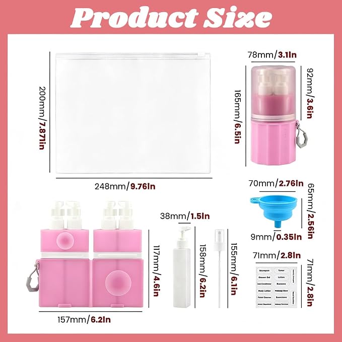 4 in 1 Wall Suction Travel Dispenser Bottles, TSA Approved Leak Proof Travel Size Toiletries Containers with Funnel Labels Bag, Refillable Shampoo Dispenser Kit, Pink - Image 3