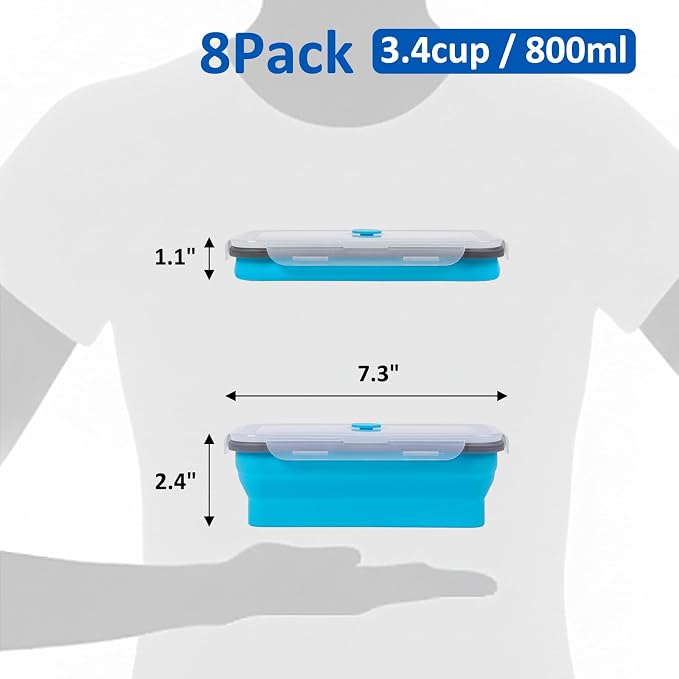 Collapsible Silicone Food Storage Containers Set with Lid & Air Vent,Foldable Lunch Containers (8PCS,Blue,27oz) - Image 2