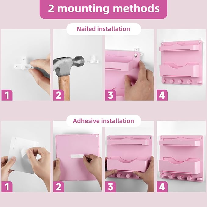 Pink Bedside Shelf Organizer - Wall Mount Phone Holder with Glasses Hook & 50 Motivational Stickers for Girls Bedroom Dorm Decor - Image 5