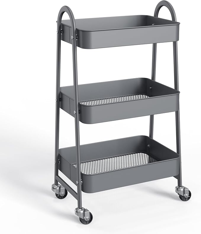 NEWBULIG 3-Tier Metal Rolling Storage Utility Cart with Lockable Wheels | Mobile Organizer Shelf, Space-Saving, Freestanding, Bathroom, Living Room, Slim, Narrow Corner Spaces, Grey by NEWBULIG
