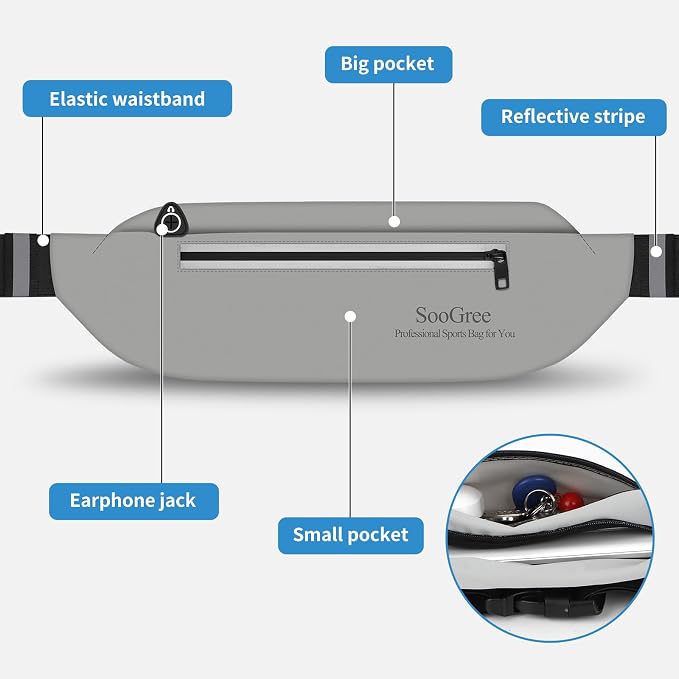SooGree Running Waist Pack for Men Women, Lightweight Waterproof Sports Belt Bag, Phone Running Pouch, Night Reflective Fitness Storage Bag for Running Cycling Hiking Traveling (Gray) - Image 5