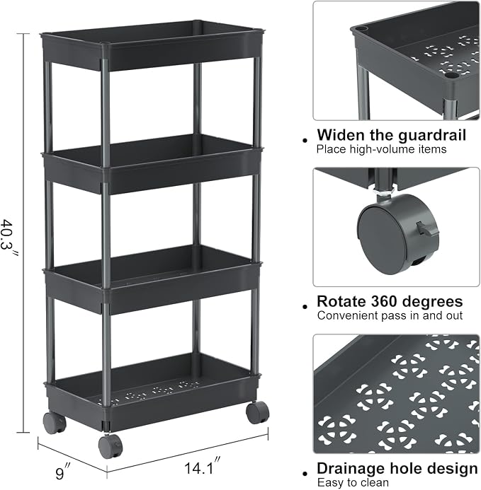 Sooyee 4 Tier Wide Storage Cart, Mobile Shelving Unit Organizer, Black | Slide Out Storage Rolling Utility Cart Tower Rack for Kitchen Bathroom Laundry, Plastic & Stainless Steel - Image 7