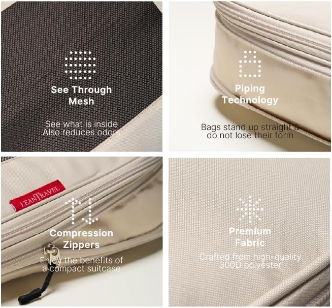 LeanTravel Premium Compression Packing Cubes for Travel - Suitcase Organizer Bags with Double Zipper & Breathable Mesh Panel - Space Saving Carry On Luggage Essentials (4-Pack, Sand) - Image 5