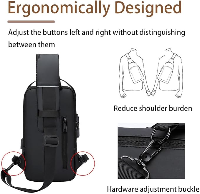 Travel Sling Bag Waterproof Crossbody Bag with Combination Lock Anti-Theft PU Leather Chest Bag with USB Charging Hole Shoulder Backpack Motorcycle Bags Black - Image 8