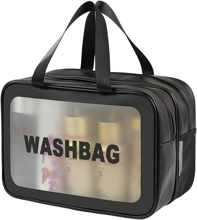 DAPOWER Travel Toiletry Bag for Women and Men, Matte Translucent Toiletry Bag with Handy Handle, Makeup Cosmetic Organizer Bag for Travel Toiletries Accessories (Black-XL) by DAPOWER