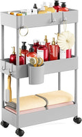 Pipishell 3 Tier Slim Storage Cart with Wheels, Bathroom Storage Cart, Gray | 7.1 inch Wide - Fits Narrow Spaces, Storage Cup and 6 Hooks, Ventilation Holes, Durable ABS Material, Detachable Wheels by Pipishell