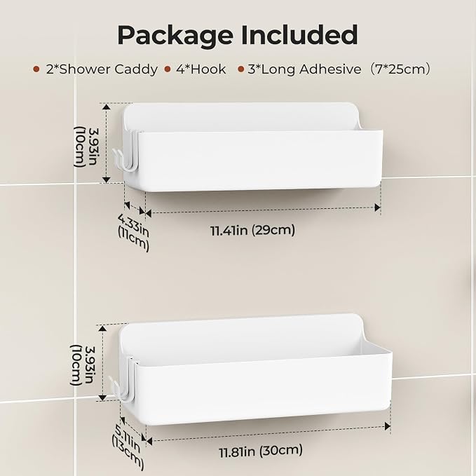 Orimade Shower Caddy 2-Pack, No-Drill Adhesive Shelves with 4 Hooks for Bathroom, Rustproof ABS Plastic Storage Organizer Set, White - Image 4
