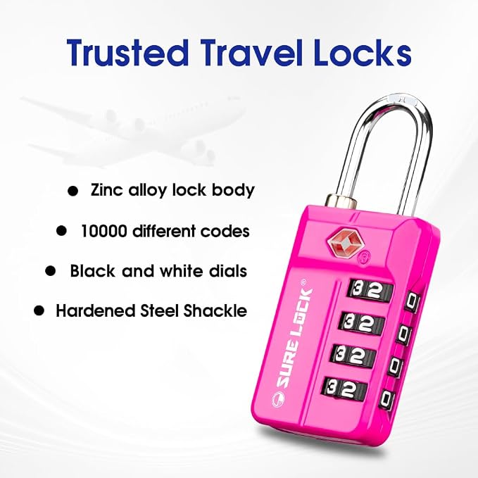 SURE LOCK TSA Approved 4-Digit Resettable Combination Luggage Locks with Open Alert, Easy-Read Dials - for Luggage, School Lockers, Gym, Office, Toolbox & Security Cases(4 Assorted Colors) - Image 3