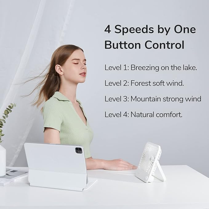 JISULIFE Small Desk Fan Battery Operated, 180° Foldable Portable Fan, 4 Speeds Adjustable Ultra Quiet for Home Office Travel Outdoor-White | Battery Operated, 4 Speeds Adjustable Ultra Quiet for Home Office Travel Outdoor-White - Image 3
