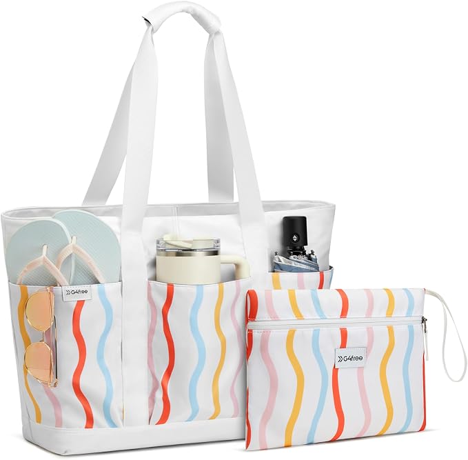 G4Free Beach Bag, Waterproof Beach Tote Pool Bags for Women | Compatible with Cup, Large Capacity Sandproof Foldable for Weekender Travel Swim by G4Free