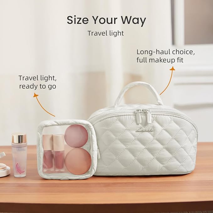 LOVEVOOK Travel Makeup Bag for Women, 2Pcs Puffer Waterproof Cosmetic Organizer, Large Capacity Pouch Open Flat Small Toiletry Bag with Brush Compartment & Handle (Off-white, Medium) - Image 6