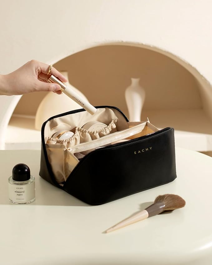 EACHY Travel Makeup Bag for Women, PU Leather Cosmetic Bag, Black, Medium | Water-resistant PU leather exterior with flat-open access, clear TPU brush compartment and organized storage for cosmetics - Image 8