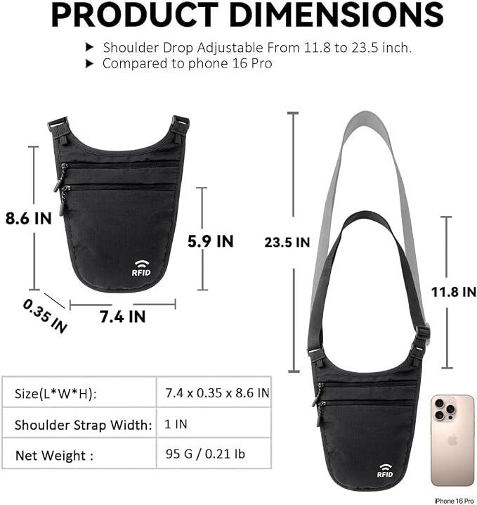 Money Belt for Travel, RFID Blocking Hidden Neck Wallet & Passport Holder | Unisex dual-strap + RFID, slim breathable, 3-compartment holds 4 passports+2 phones, durable YKK, water-resistant. - Image 6