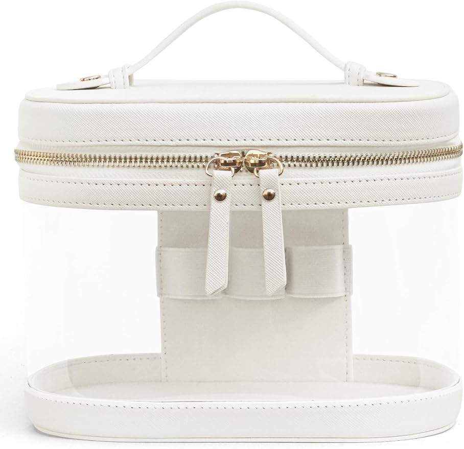 Clear Makeup Train Case Vanity Bag Make Up Travel Bag with Brush Holder, Compact Transparent Makeuo Bag for Traveling Leather Cosmetic Case Portable Travel Essentials Toiletry Organizer White by POPVIBE