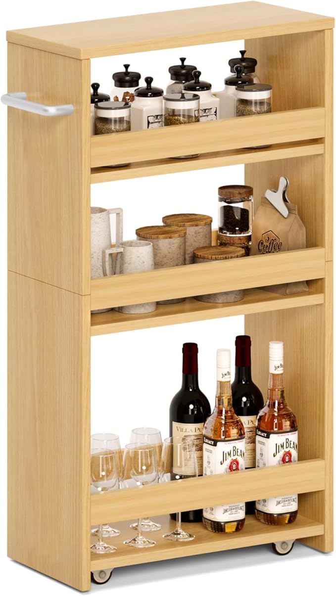 MARTY Slim Rolling Storage Cart, Wood Utility Kitchen Bathroom Laundry Cart | 4 Tier Kitchen Cart with Wheels Handle, Laundry Room Organization Between Washer and Dryer, Narrow Storage Cabinet, 8” Wide by MARTY
