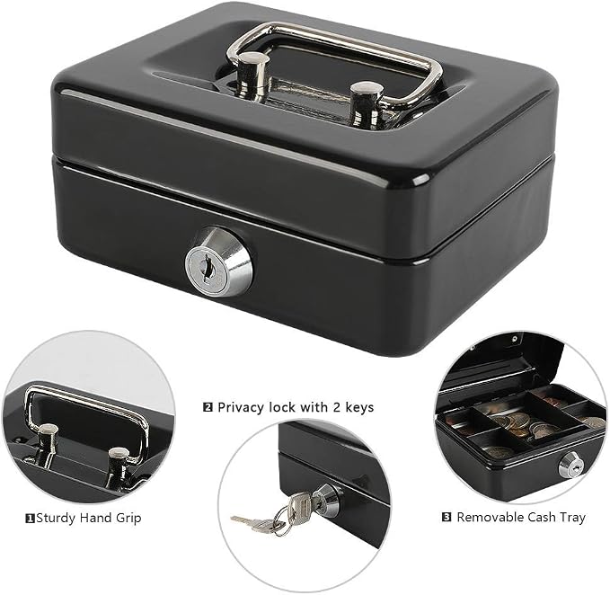 xydled Mini Cash Box with Lock, Removable Coin Tray, Steel Money Box, Black | Steel Cash Box with Key Lock, Removable Tray & Carry Handle, for Office, Retail, Home, and Money Storage, 4.9" x 3.7" x 2.4" - Image 7