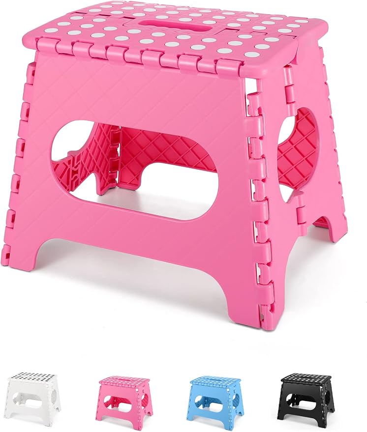 Dyforce Kids Step Stool 11 Inch, 300lbs Folding Step Stool for Adults | Toddler Step stool Pink,Anti-slip Heavy Duty with Carry Handle, Lightweight Foldable Stool for Bathroom Kitchen Bedroom by DyforceHomeDecorCOLTD