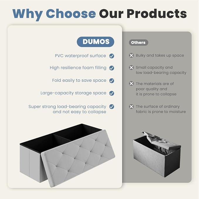DUMOS 43 Inch Folding Storage Ottoman Bench, Large Ottoman with Storage | Storage Chest with Padded Seat, End of Bed Foot Rest Stool for Bedroom Living Room, Load 660 lbs, Synthetic Leather, Grey - Image 7