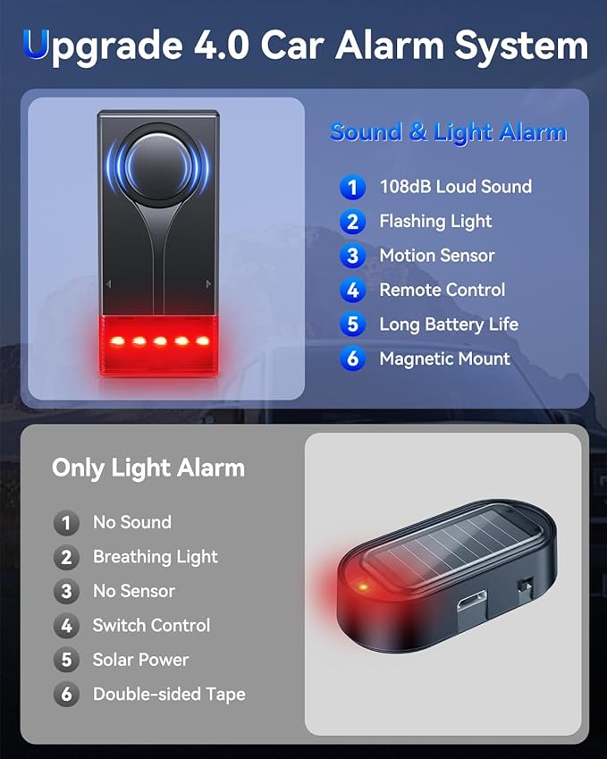 108dB Car Alarm System, Car Anti-Theft Vibration Sensor Alarm & Red Light, Wireless Remote Anti Theft Vehicle Device with Magnetic Install Design for RV, SUV, Truck - Image 6