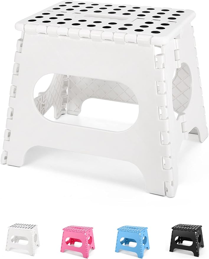 Dyforce Kids Step Stool 11 Inch, 300lbs Folding Step Stool for Adults | Toddler Step stool White,Anti-slip Heavy Duty with Carry Handle, Lightweight Foldable Stool for Bathroom Kitchen Bedroom by DyforceHomeDecorCOLTD