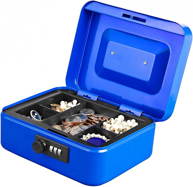 Jssmst Medium Cash Box with Combination Lock-Durable Metal Cash Box with Money Tray Blue, 7.87 x 6.3 x 3.35 inches, CB0702M - Image 5