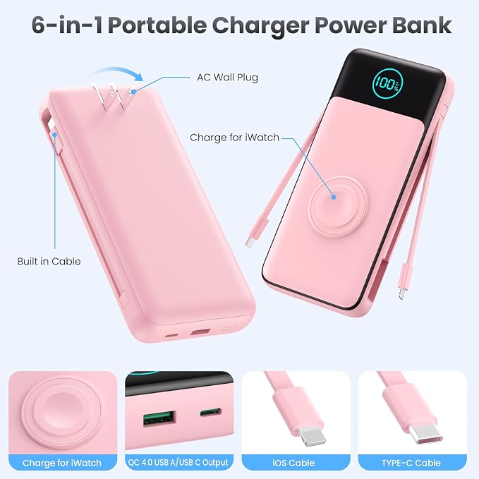 Portable Charger for iPhone with Built-in Cables and AC Wall Plug,26800mah Fast Charging USB C Power Bank,25W PD Travel Essential Battery Pack for iPhone 17/16/15/14/13,Galaxy,Apple Watch (Pink) - Image 2