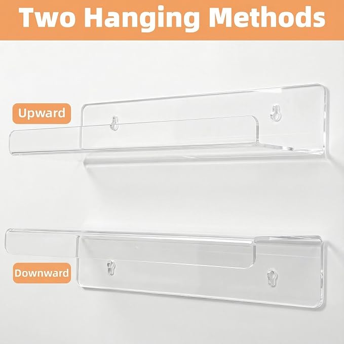 Clear Acrylic Floating Shelves, No Drill Wall Shelves, 2 Pack | Clear Acrylic Design; 2 Pack Wall Shelves; Adhesive or Screw Mount; No Drill Option; 12 lb Max Load - Image 4