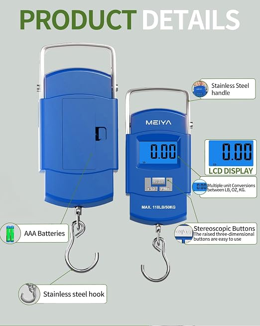MEIYA Fish Scale 110lb Portable Luggage Scale Travel Digital Hanging Scale with Hook, Fishing Gifts for Men, Weighing Tool for Suitcases & Fish, Includes 2 AAA Batteries, Backlit LCD Display (Blue) - Image 3