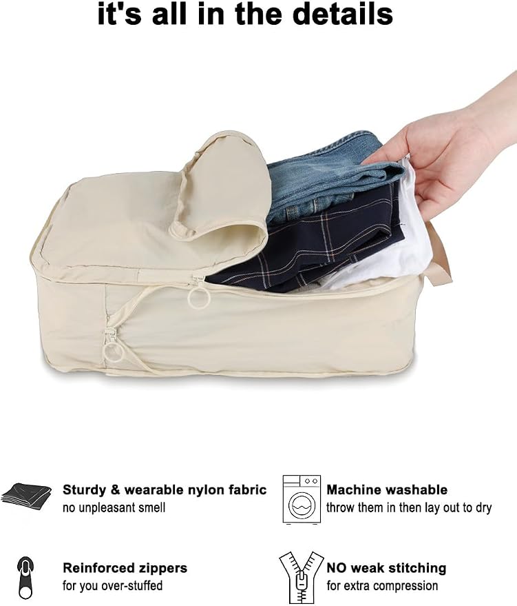 4 Set Compression Packing Cubes, Expandable Travel Organizer Bags, Water-Repellent Nylon, Space-Saving Luggage Set for Suitcase, Carry-on, Home Storage (4, Beige, Compression) - Image 2