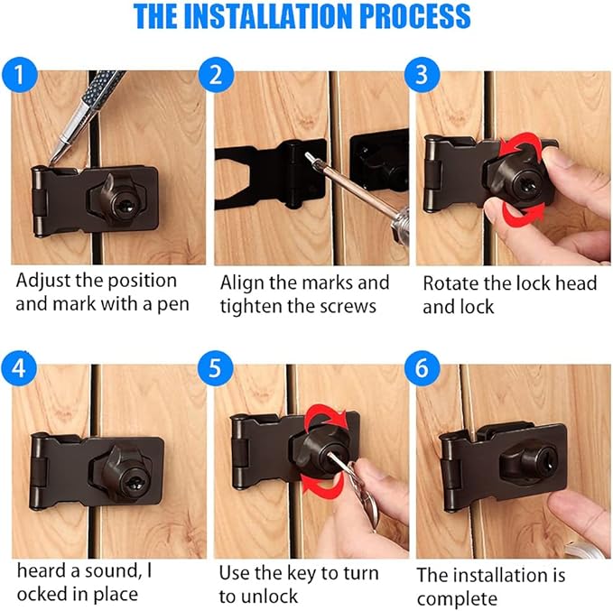 2 Packs Keyed Hasp Locks Twist Knob Keyed Locking Hasp for Small Doors, Cabinets and More,Stainless Steel Steel, Hasp Lock Catch Latch Safety Lock Door Lock with Keys (3inch, Bliack) - Image 4