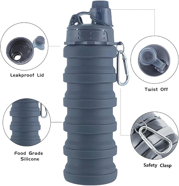 Collapsible Water Bottles 4 Pack 500ml (Grey+Purple+Blue+Pink) | Travel Sports Portable Water Bottle Reusable Water Bottles silicone Water-proof camping water bottle. - Image 3